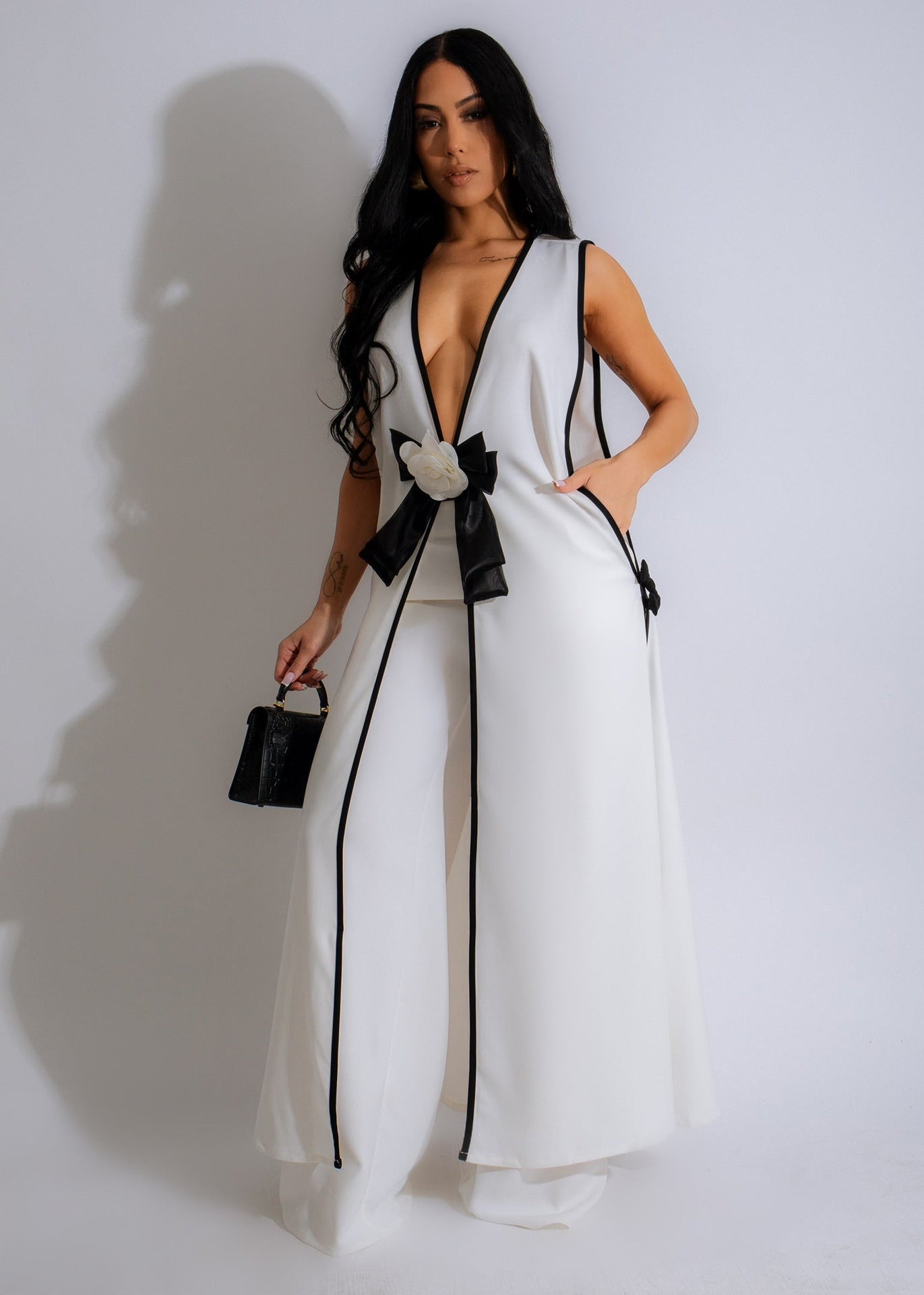 Women’s Sexy Bow Sleeveless Dress and Wide-Leg Pants Two-Piece Set