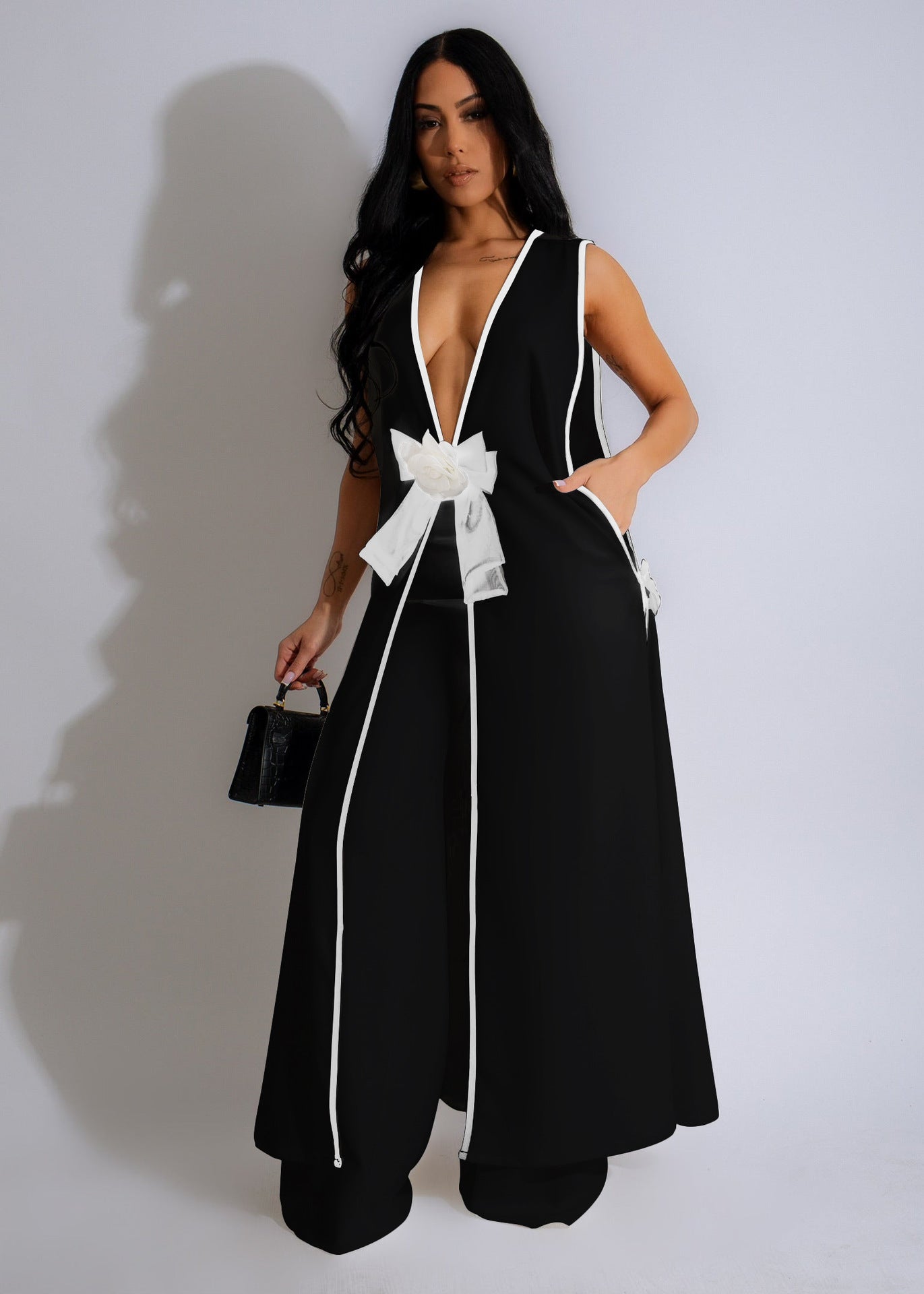 Women’s Sexy Bow Sleeveless Dress and Wide-Leg Pants Two-Piece Set