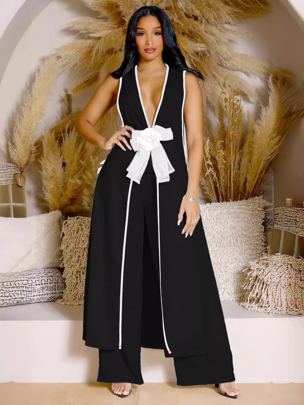 Women’s Sexy Bow Sleeveless Dress and Wide-Leg Pants Two-Piece Set