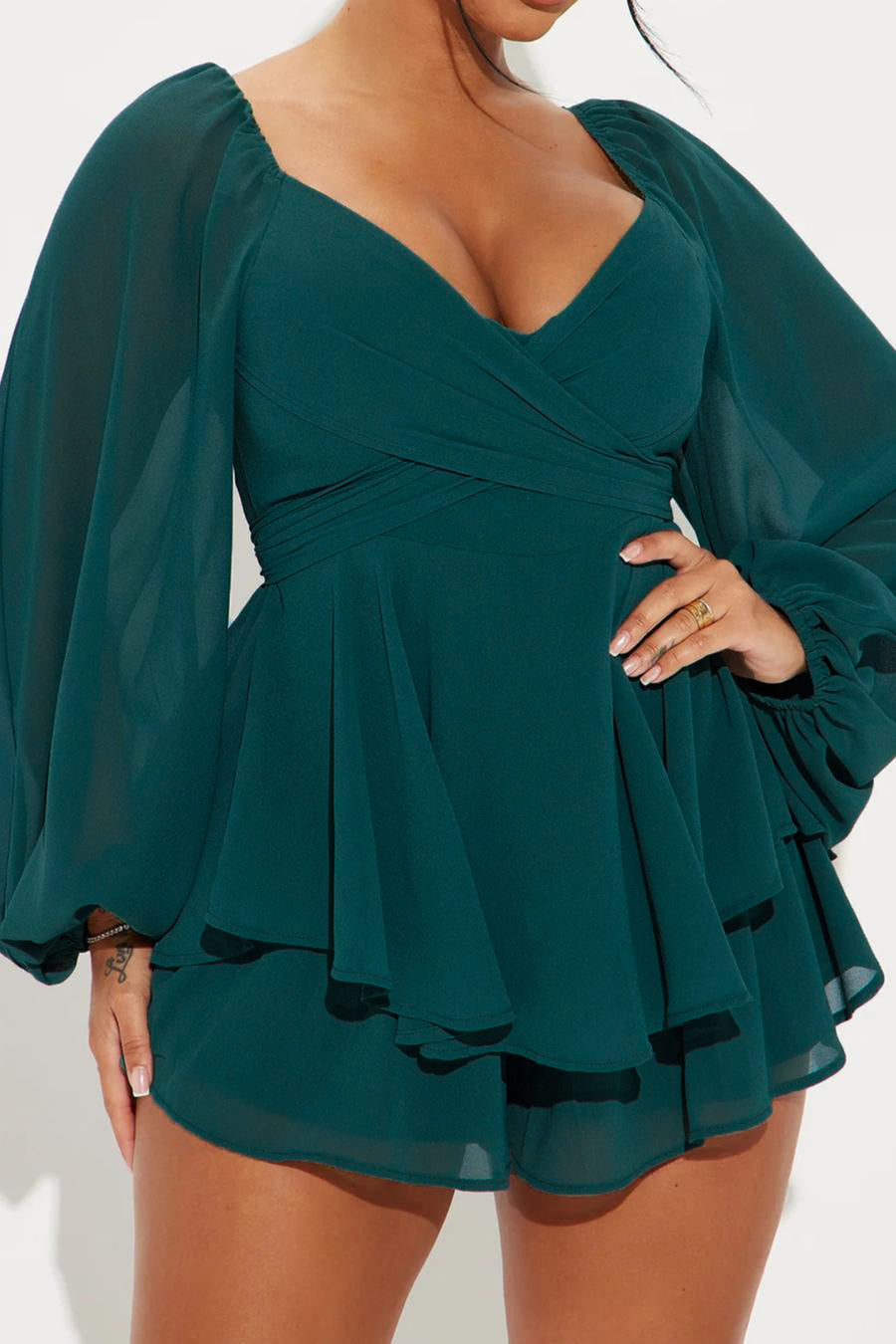 Graceful Charm Chiffon Lantern Sleeve Romper